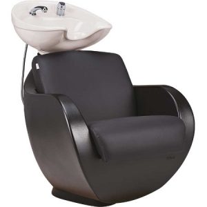 Schwarzer Friseursalon-Waschstuhl mit integriertem weißen Waschbecken, ideal für komfortables Haarwaschen und Salon-Einrichtung.
