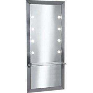 Moderner beleuchteter Makeupspiegel, rechteckig, mit seitlichen Glühbirnen und unterem Ablageglas.