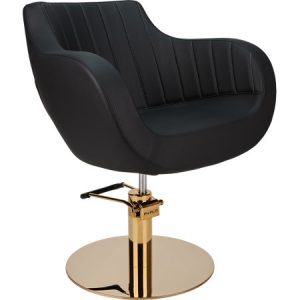 Schwarzer Friseurstuhl mit goldener Basis, verstellbar und modern. Ideal für Salonkomfort und stilvolles Design.