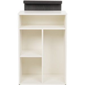 Moderner weißer Empfangstresen mit dunklem Holzaufsatz, minimalistisches Design für Haarsalons oder Praxisempfang - Rückseite