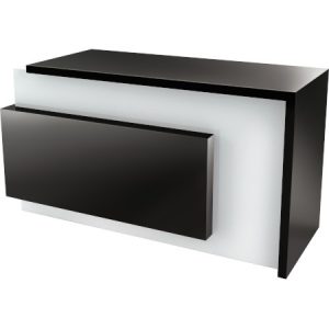 Moderner schwarzer Empfangstresen mit klaren Linien und minimalistischer Optik