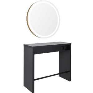 Schwarzer Friseurtisch mit rundem beleuchtetem Spiegel und integrierten Steckdosen