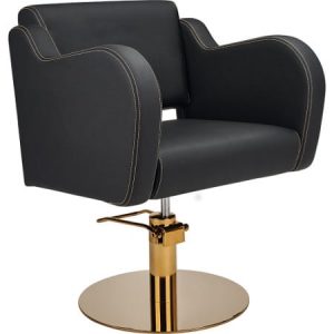 Moderner schwarzer Friseurstuhl mit goldener Basis, ideal für stilvolle Salons und komfortable Kundenerfahrungen.