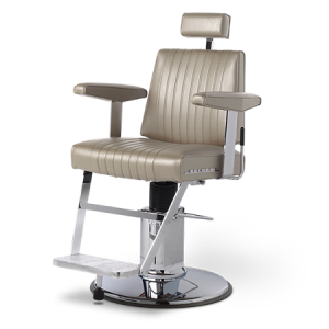 Moderner Kosmetikstuhl mit beiger Polsterung und verstellbarer Kopfstütze, ideal für stilvolle Barbershops und Salons.