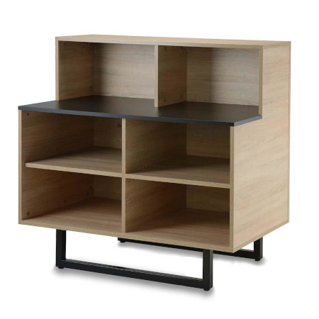 Moderner Empfangstresen aus Holz mit schwarzen Akzenten, vielseitige Aufbewahrungslösung mit offenen Fächern