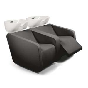 Schwarzes duales Waschsofa mit weißen Waschbecken, moderne Salonmöbel für Haarpflege und Komfort.