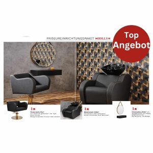 Friseureinrichtungspaket Holly mit Friseurstuhl, Waschsessel und Spiegelplatz, Top Angebot für Salons.