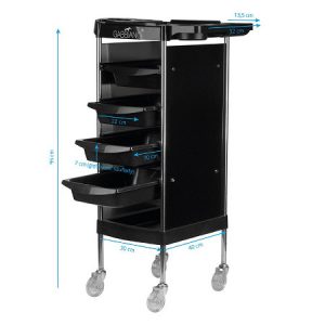 Schwarzer Friseurwagen mit fünf Ablagen, rollbar, Maße: 84x40x32 cm, ideal für Salon-Organisation und Werkzeuge.