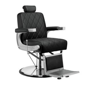 Schwarzer Vintage-Friseurstuhl mit diamantartiger Steppung und verstellbarer Kopfstütze auf Chrombasis. Ideal für Salons.