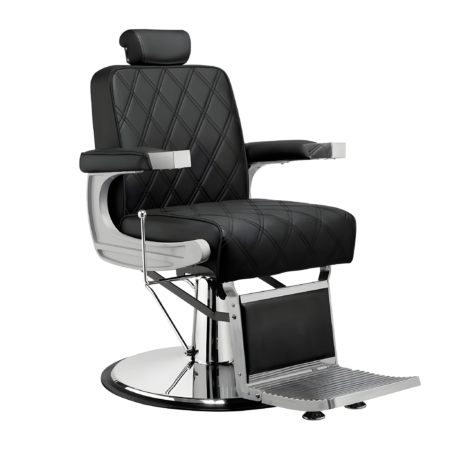 Schwarzer Vintage-Friseurstuhl mit diamantartiger Steppung und verstellbarer Kopfstütze auf Chrombasis. Ideal für Salons.