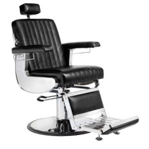Luxuriöser, schwarzer Barberstuhl mit verstellbarer Rückenlehne und Fußstütze, ideal für moderne Salons.