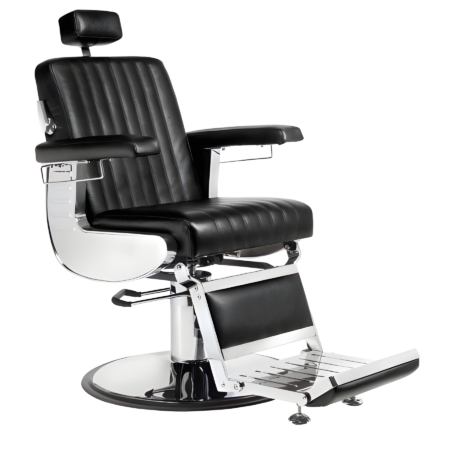 Luxuriöser, schwarzer Barberstuhl mit verstellbarer Rückenlehne und Fußstütze, ideal für moderne Salons.