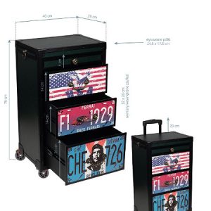 Rollbareк Barberwagen mit USA-Flagge und Che Guevara-Design, 4 Schubladen, Maße markiert
