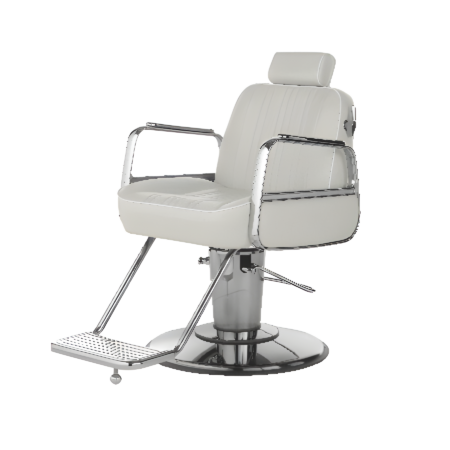 Moderner Friseurstuhl mit verstellbarer Rückenlehne und Fußstütze, ideal für Salons und Barbershops.