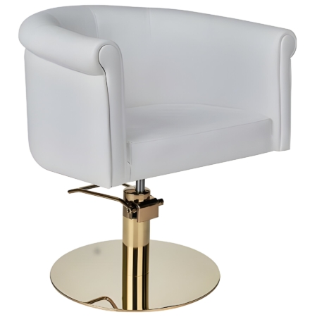 Moderner Bedienstuhl mit weißem Lederbezug und goldener Basis, ideal für stilvolle Salonumgebungen.