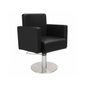 Moderner schwarzer Friseurstuhl mit Edelstahlbasis, ideal für Salons.
