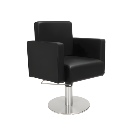 Moderner schwarzer Friseurstuhl mit Edelstahlbasis, ideal für Salons.