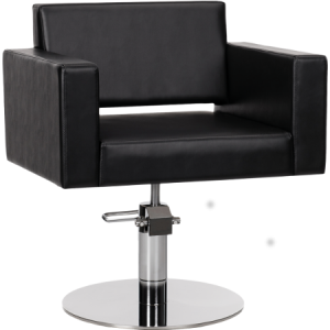 Moderner schwarzer Coiffeurstuhl mit quadratischem Design und verstellbarem Chromfuß für Salons.