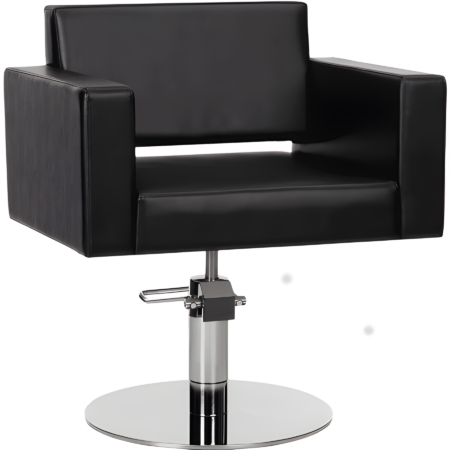 Moderner schwarzer Coiffeurstuhl mit quadratischem Design und verstellbarem Chromfuß für Salons.