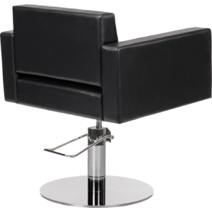 Moderner schwarzer Coiffeurstuhl mit quadratischem Design und verstellbarem Chromfuß für Salons.