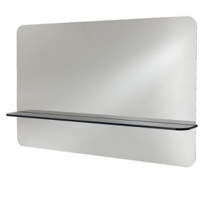 Moderner rechteckiger Spiegel mit abgerundeten Ecken und schwebendem Regal in minimalistischer Ausführung.