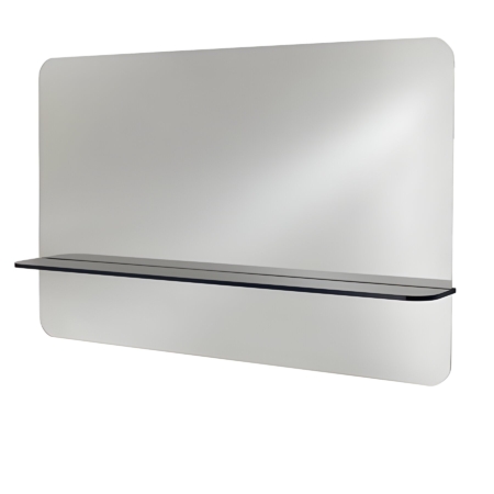 Moderner rechteckiger Spiegel mit abgerundeten Ecken und schwebendem Regal in minimalistischer Ausführung.