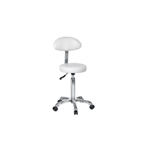 Moderner, verstellbarer weißer Drehstuhl mit Rollen und Rückenlehne, ideal für Büros oder Salons.