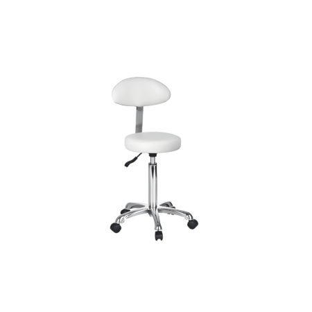 Moderner, verstellbarer weißer Drehstuhl mit Rollen und Rückenlehne, ideal für Büros oder Salons.