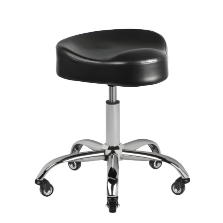 Ergonomischer, schwarzer Rollhocker mit verstellbarer Höhe und Sattel-Sitz