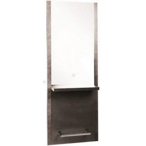 Moderner Friseurspiegel mit integriertem Ablagefach, ideal für stilvolle Saloneinrichtungen.