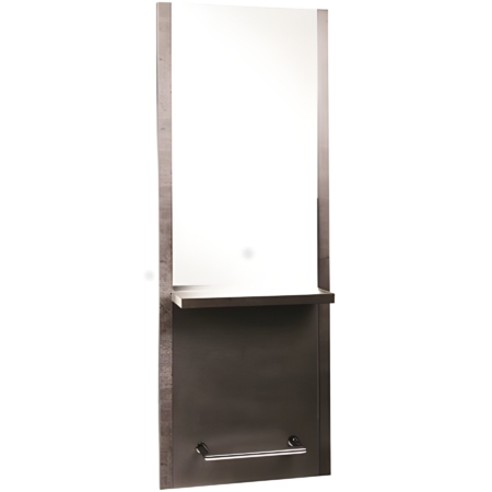 Moderner Friseurspiegel mit integriertem Ablagefach, ideal für stilvolle Saloneinrichtungen.