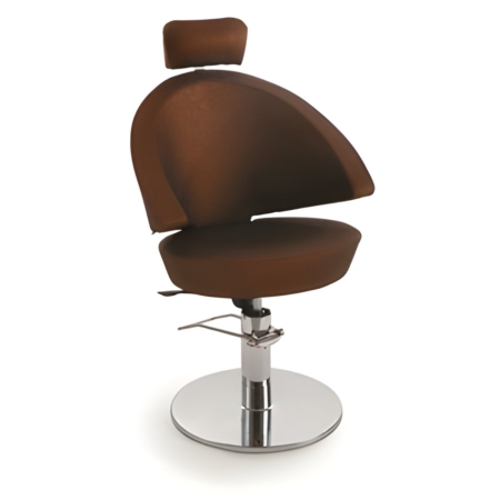 Moderner, brauner Friseurstuhl mit poliertem Metallfuß, ideal für Salons und Haarstyling-Services.