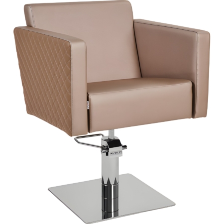 Moderner Friseurstuhl mit gesteppter Polsterung in Beige auf verchromtem Fuß für Salon.