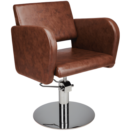Moderner Friseurstuhl aus braunem Leder, drehbar, mit verchromtem Sockel, ideal für Salons und Friseureinrichtungen.