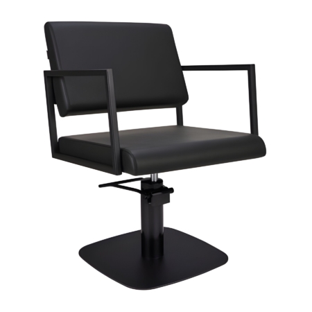 Moderner schwarzer Friseurstuhl mit verstellbarer Höhe und Armlehnen, ideal für Salons und Barber Shops.