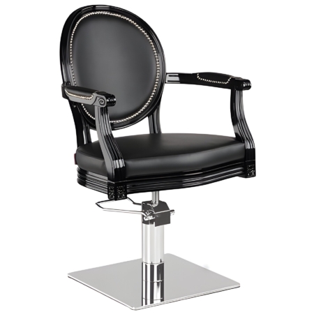 Luxuriöser, schwarzer Friseursessel mit Polsterung und verstellbarer Höhe für komfortables Styling und professionelles Friseurerlebnis.