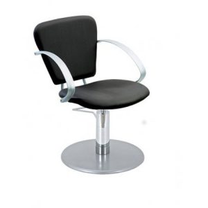 Moderner schwarzer Friseurstuhl mit Metallarmen und runder Basis, ideal für Salons und stilvolles Interieur.