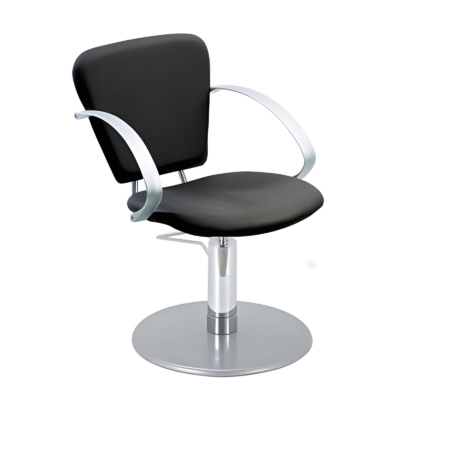 Moderner schwarzer Friseurstuhl mit Metallarmen und runder Basis, ideal für Salons und stilvolles Interieur.