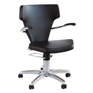 Moderner Frisierstuhl mit ergonomischem Design, schwarzem Lederbezug und Rollen für flexibles Sitzen