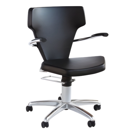 Moderner Frisierstuhl mit ergonomischem Design, schwarzem Lederbezug und Rollen für flexibles Sitzen