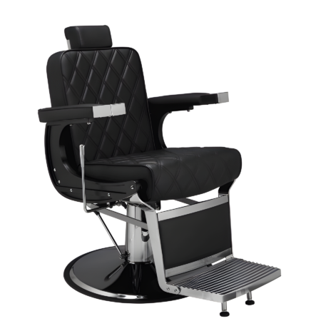 Schwarzer, verstellbarer Friseurstuhl im Vintage-Design mit Fußstütze und gepolstertem Sitz für Barber-Shops.