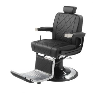 Schwarzer Friseurstuhl aus Leder mit verstellbarer Kopfstütze und Fußstütze auf weißem Hintergrund. Ideal für Barber-Shops.