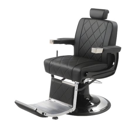 Schwarzer Friseurstuhl aus Leder mit verstellbarer Kopfstütze und Fußstütze auf weißem Hintergrund. Ideal für Barber-Shops.