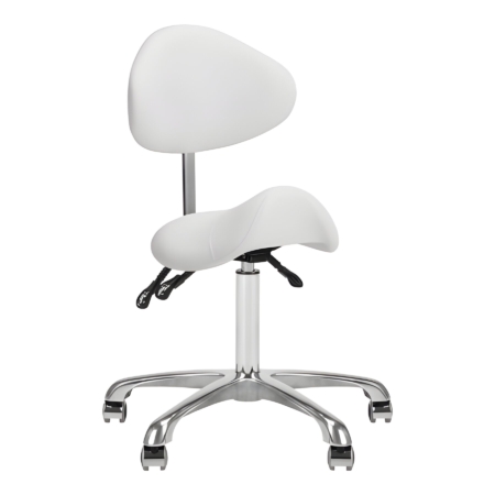 Weißer ergonomischer Kosmetikhocker mit verstellbarer Rückenlehne und gepolstertem Sitz auf fünf Rollen.