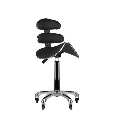 Moderner ergonomischer schwarzer Kosmetikhocker mit Rückenlehne und Rollen