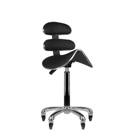 Moderner ergonomischer schwarzer Kosmetikhocker mit Rückenlehne und Rollen