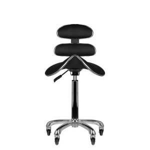 Moderner ergonomischer schwarzer Kosmetikhocker mit Rückenlehne und Rollen