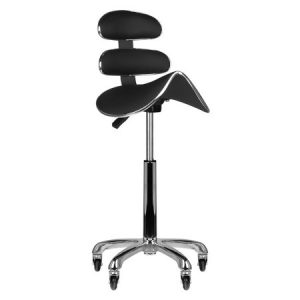 Moderner ergonomischer schwarzer Kosmetikhocker mit Rückenlehne und Rollen