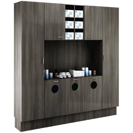 Modernes Labor mit Regalfächern in dunkler Holzoptik.