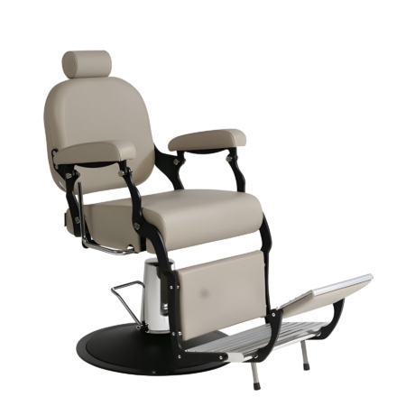 Moderner, beiger Friseurstuhl mit verstellbarer Rückenlehne und Fußstütze auf schwarzem Sockel. Perfekt für Salons.